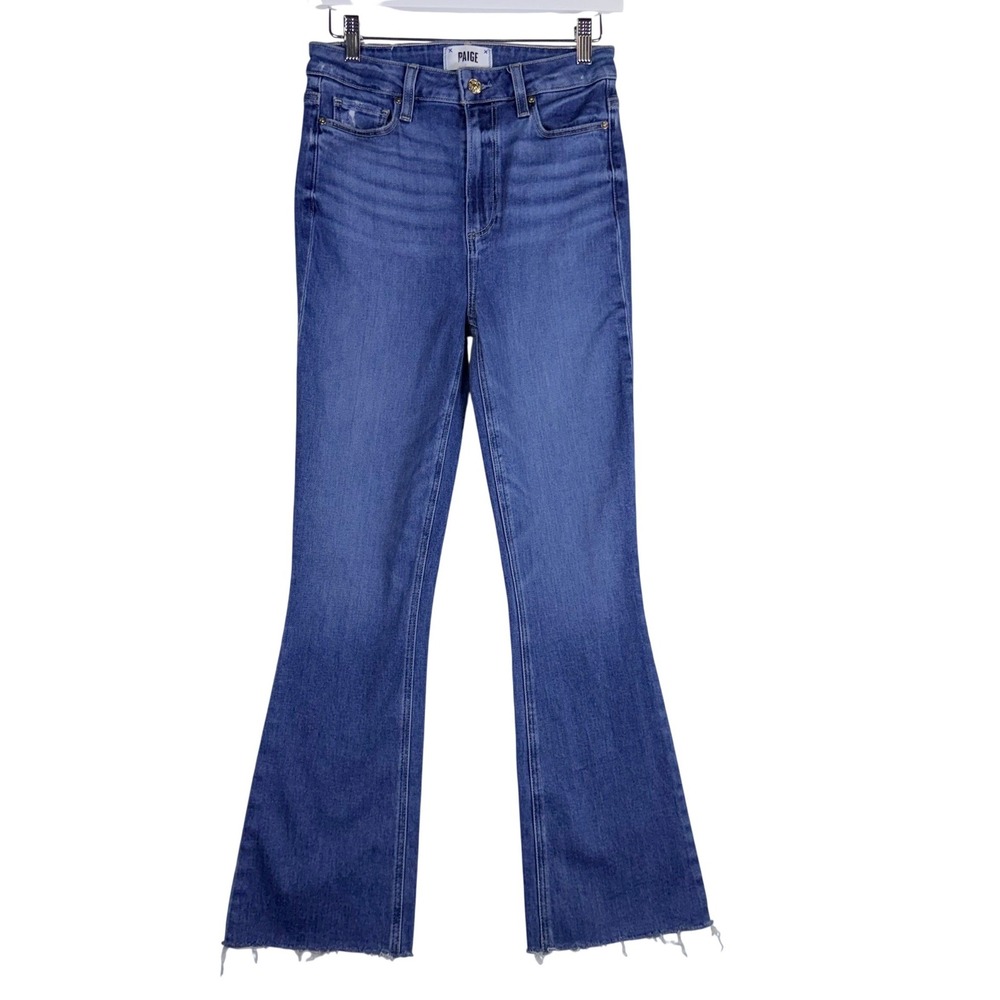 Paige Claudine High Rise Ankle Flare Jeans Blue Raw Hem Size 27